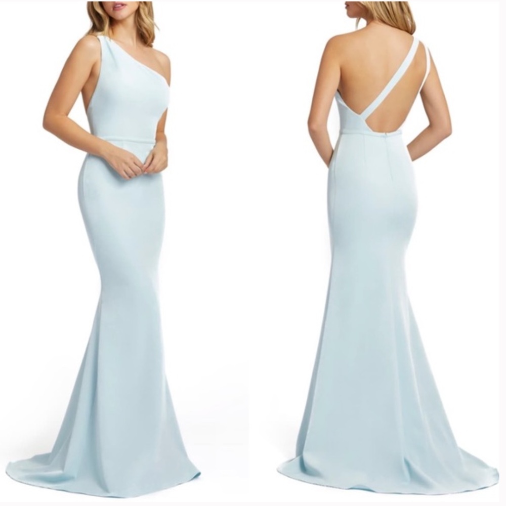Ieena for Mac Duggal Blue Jersey Mermaid Gown